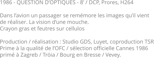 1986 - QUESTION D’OPTIQUES - 8’ / DCP, Prores, H264  Dans l’avion un passager se remémore les images qu’il vient de réaliser. La vision d’une mouche.  Crayon gras et feutres sur cellulos  Production / réalisation : Studio GDS, Luyet, coproduction TSR Prime à la qualité de l’OFC / sélection officielle Cannes 1986 primé à Zagreb / Tröia / Bourg en Bresse / Vevey.