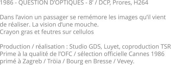1986 - QUESTION D’OPTIQUES - 8’ / DCP, Prores, H264  Dans l’avion un passager se remémore les images qu’il vient de réaliser. La vision d’une mouche.  Crayon gras et feutres sur cellulos  Production / réalisation : Studio GDS, Luyet, coproduction TSR Prime à la qualité de l’OFC / sélection officielle Cannes 1986 primé à Zagreb / Tröia / Bourg en Bresse / Vevey.